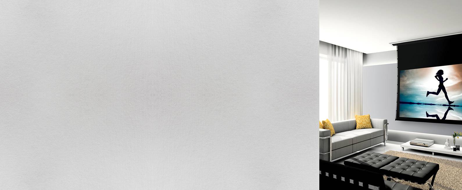 Modern living room with a motorized projection screen showing a running silhouette, gray sofa, and ottoman seating.